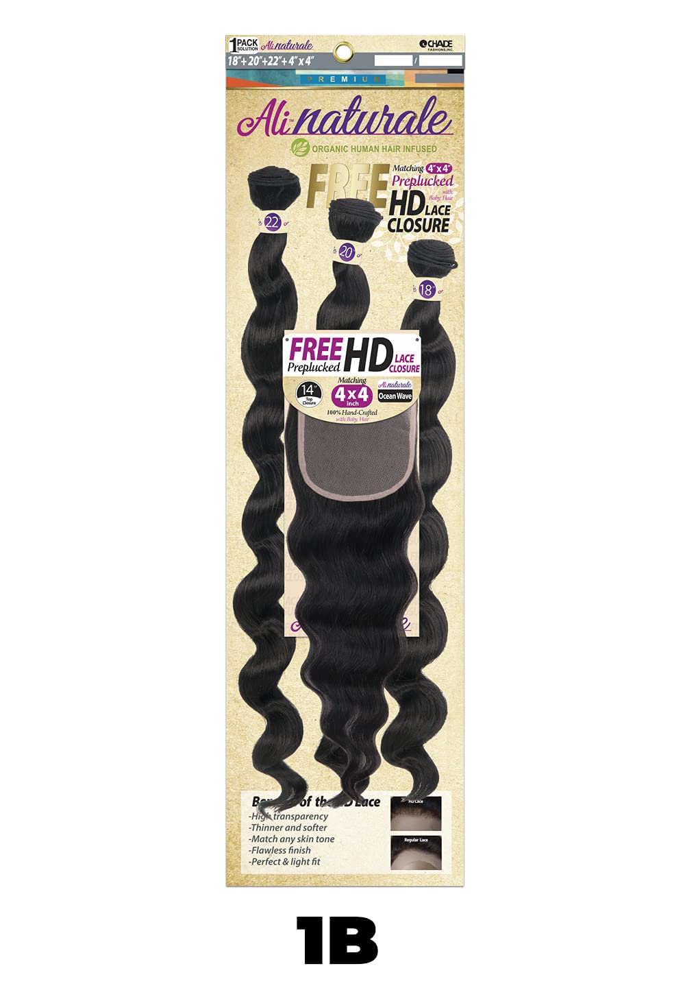 Chade Fashions Ali Naturale Weave Ocean Wave 18", 20", 22" + HD 4X4 Closure Human Hair Blended 1 Pack Solution - AN344O5 (OT1B/30)