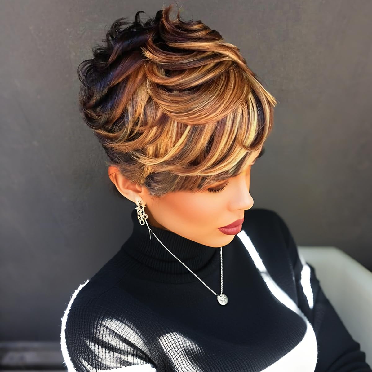 Naseily Hair Mixed Brown Hairstyles with Bangs Synthetic Short Wigs for Black Women Short Hairstyle Synthetic Hair (NAS-7342)