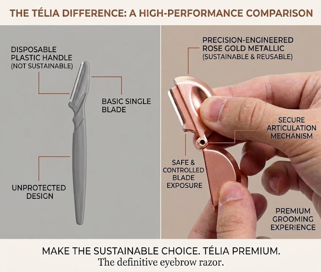Télia Eyebrow Razor - Rose Gold Stainless Steel Facial Razor for Women, Reusable Brow Shaper for Precision Eyebrow Grooming and Gentle Face Hair Beauty and Personal Care Télia
