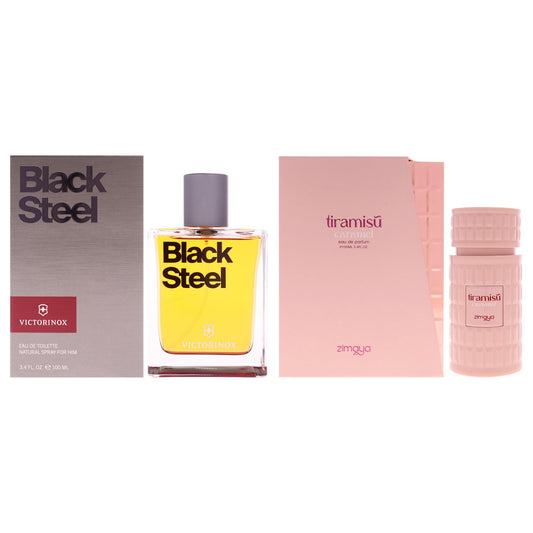 Swiss Army and Zimaya Kit by Various Designers for Unisex - 2 Pc Kit 3.4oz Black Steel EDT Spray, 3.4oz Tiramisu - Caramel EDP Spray Beauty & Personal Care Various Designers
