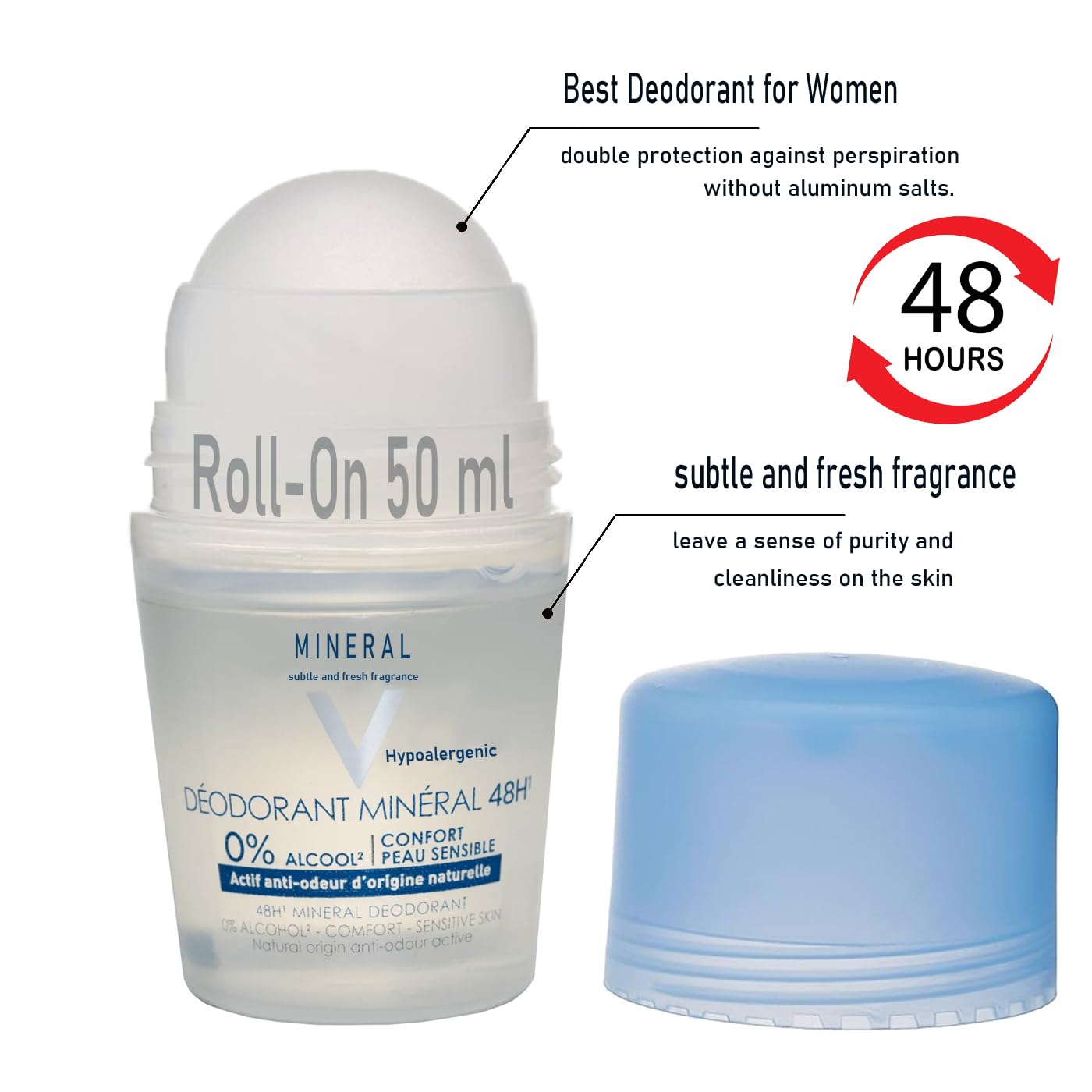 Mineral 48H Aluminum Free Deodorant, Roll-On 50 ml Deo - 15 Minerals of Volcanic Water For Anti-Odor Efficiency Up to 48 Hours Beauty and Personal Care DurbaLife