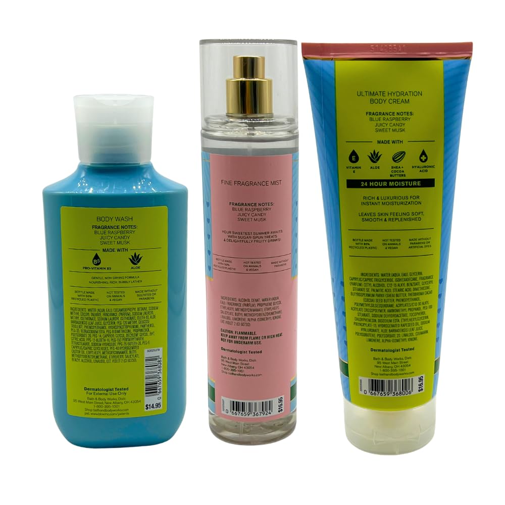 Bath & Body Works BLUE RASPBERRY BURST Fine Fragrance Mist, Ultimate Hydration Body Cream & Body Wash 3-piece Gift Set with a Red Bow for Holidays Beauty and Personal Care Bath & Body Works