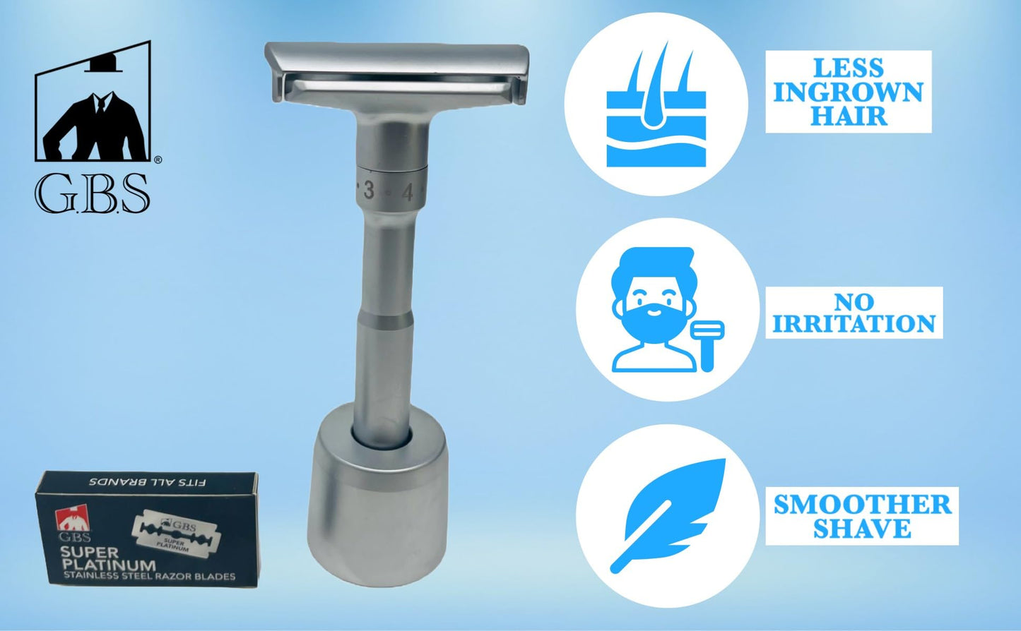 G.B.S Chrome Adjustable Men's Double Edge Safety Razor with Blades, Stand and 10 G.B.S Platinum Blade Refills Beauty and Personal Care G.B.S