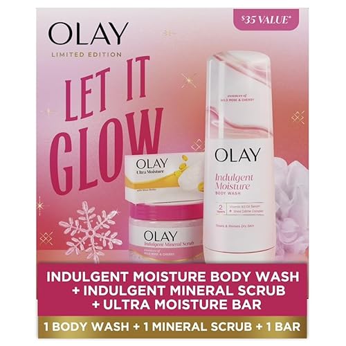 Olay Let It Glow Gift Pack with 1 Wild Rose and Cherry Moisture Body Wash, 20oz, and 1 Wild Rose and Cherry Indulgent Mineral Scrub, 11oz, and 1 Ultra Beauty & Personal Care Olay