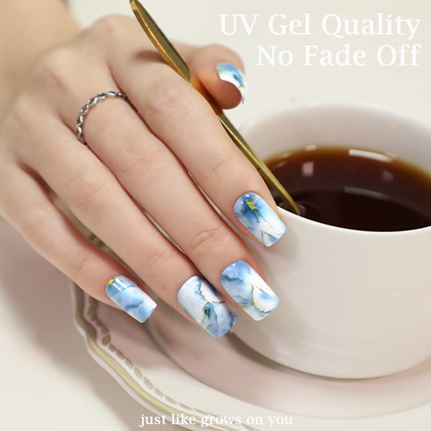 Marble Press on Nails Short Square GLAMERMAID, Blue Gold Acrylic Fake Nails with Design Luxury Stick Glue on Nails Reusable Glossy False Nail Sets Beauty & Personal Care GLAMERMAID