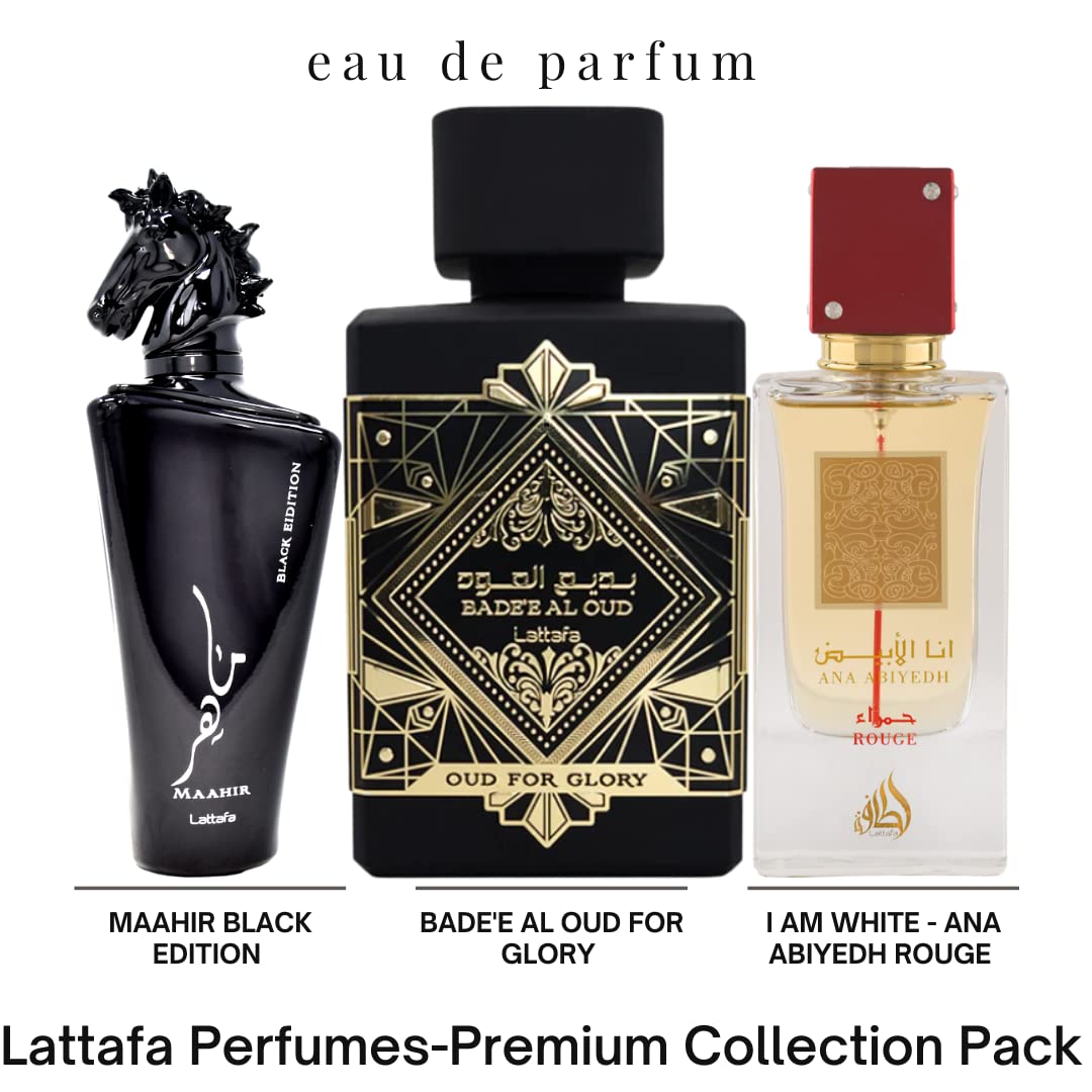 Lattafa Perfumes Bade'e Al Oud For Glory, Maahir Black & Ana Abiyedh Rouge EDP-100ml(3.4 oz) Beauty & Personal Care Lattafa