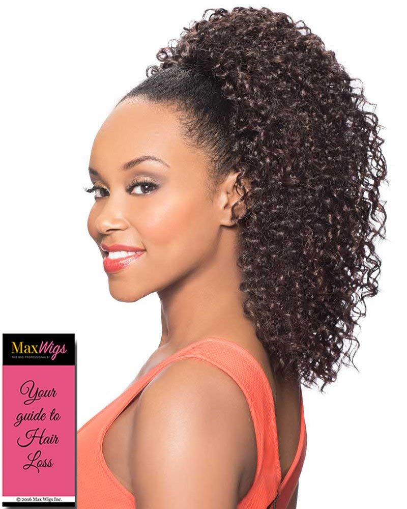 Maxwigs DS013 Ponytail Color 1 Black - Foxy Silver Wigs 16" Long Curly Drawstring Hairpiece Clip On Synthetic African American Womens Bundle Hairloss