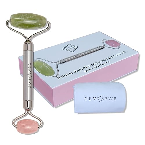 GEM PWR Rose Quartz + Jade Roller for Face and Neck Massage, Dual Gemstones with Durable Steel Handle and Travel Bag. Minimize Wrinkles, Reduce Beauty & Personal Care GEM PWR