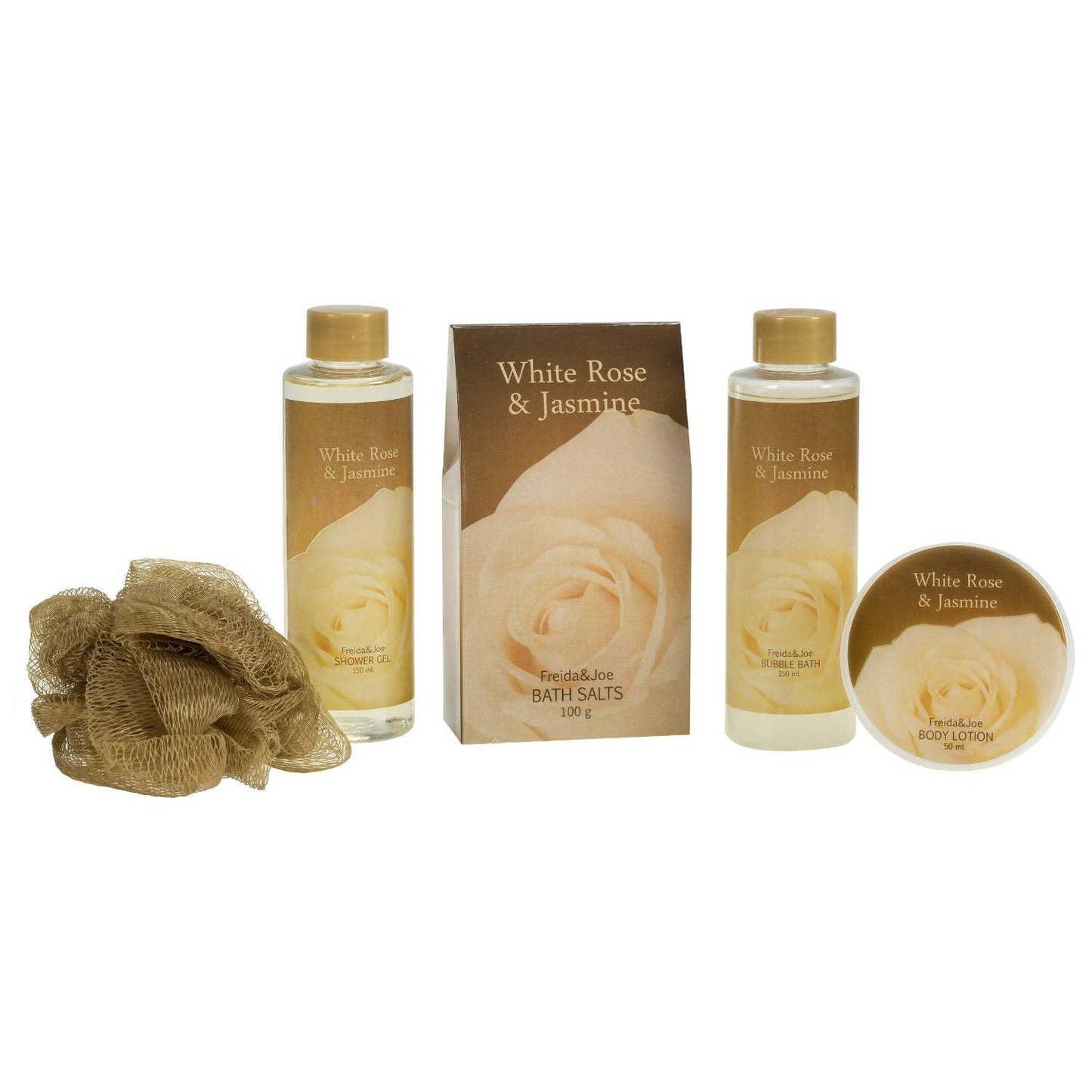 White Rose Jasmine Spa Set For Women in Elegant Gold Tub Includes Shower Gel, Bubble Bath, Body Lotion, Jasmine Bath Salt, Pouf, Award Winning Bath Beauty & Personal Care Freida and Joe