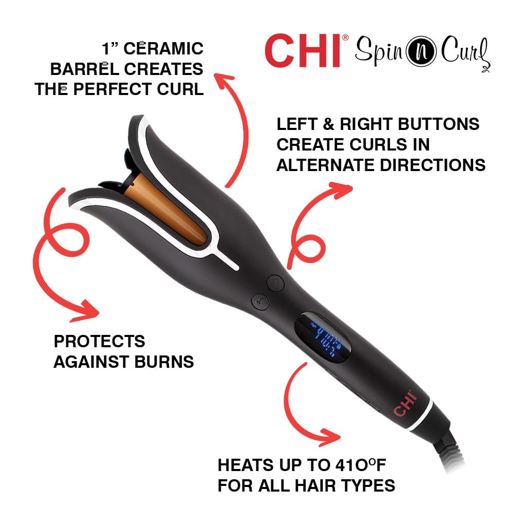 CHI Spin N Curl 1″ Ceramic Rotating Curling Iron, Adjustable Preset Heat Settings for All Hair Types, Salon-Quality Curls & Waves, Auto Shut-Off Beauty and Personal Care CHI
