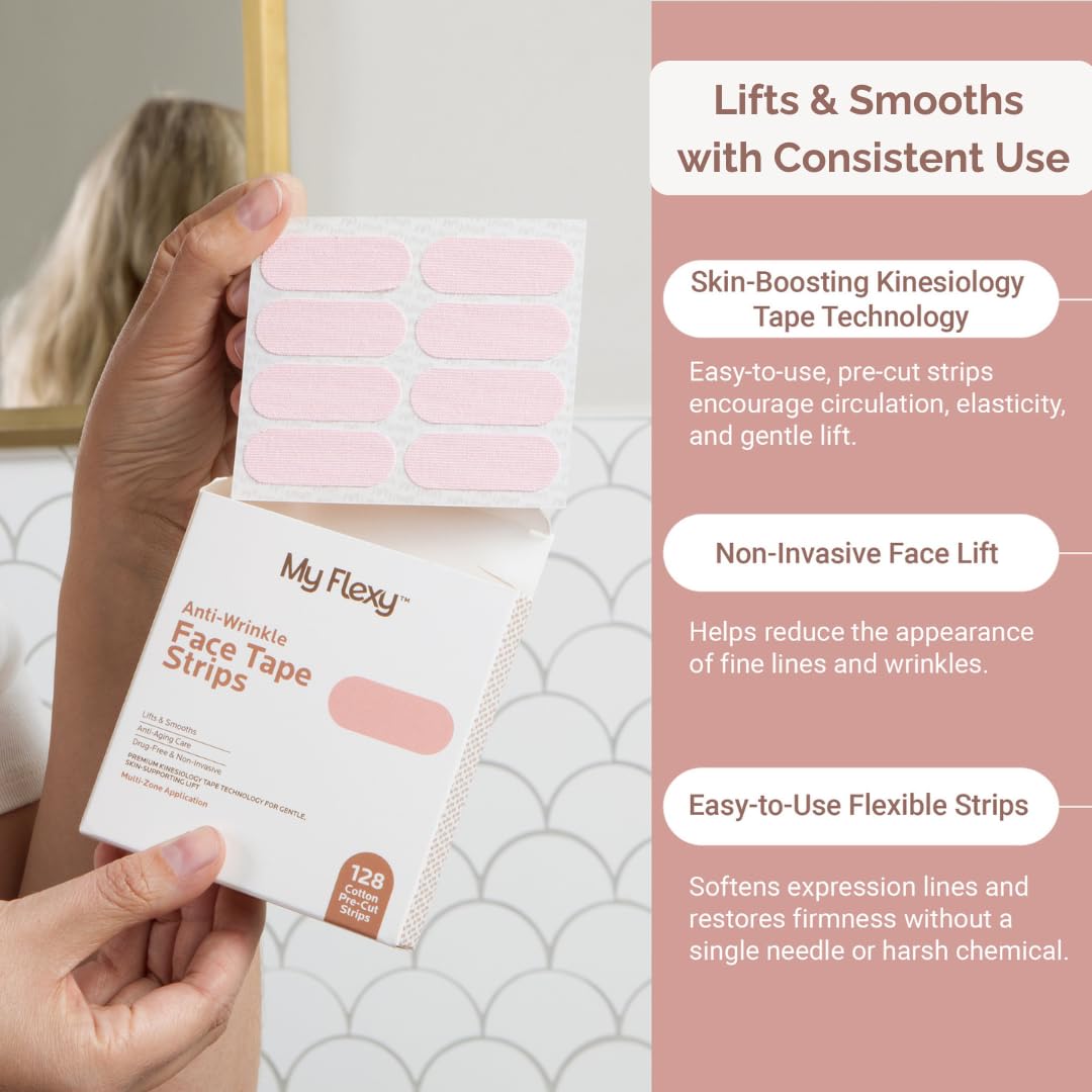 Face Tape Strips - 128 Pre-Cut Cotton Face Lifting Tape, Overnight Anti Wrinkle Patches, Smile Line Patches, Frown Line Patches, Jawline Smoothing Beauty & Personal Care My Flexy