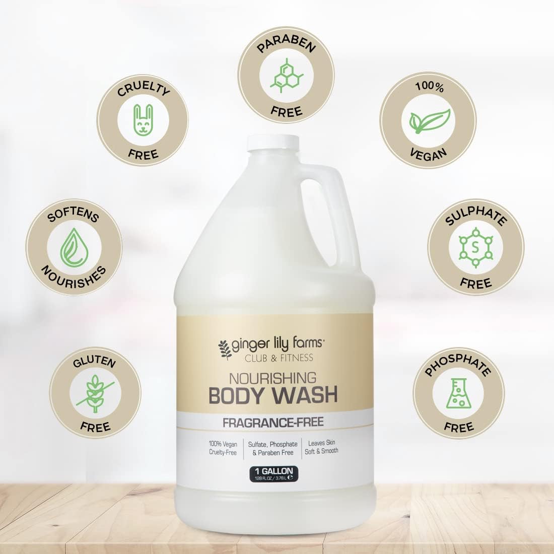 Ginger Lily Farms Club & Fitness Nourishing Body Wash, 100% Vegan & Cruelty-Free, Bath & Shower Gel for Men and Women, Fragrance Free, 1 Gallon (Pack Beauty & Personal Care Ginger Lily Farms