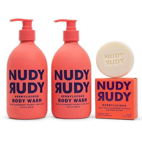 Nudy Rudy Berrylicious 2 Pack, Liquid Body Wash Bundle with Bonus Soap Bar, Aloe Vera and Vitamin E, Moisturizing Shower Gel, Body Wash and Bar Soap Beauty & Personal Care Nudy Rudy
