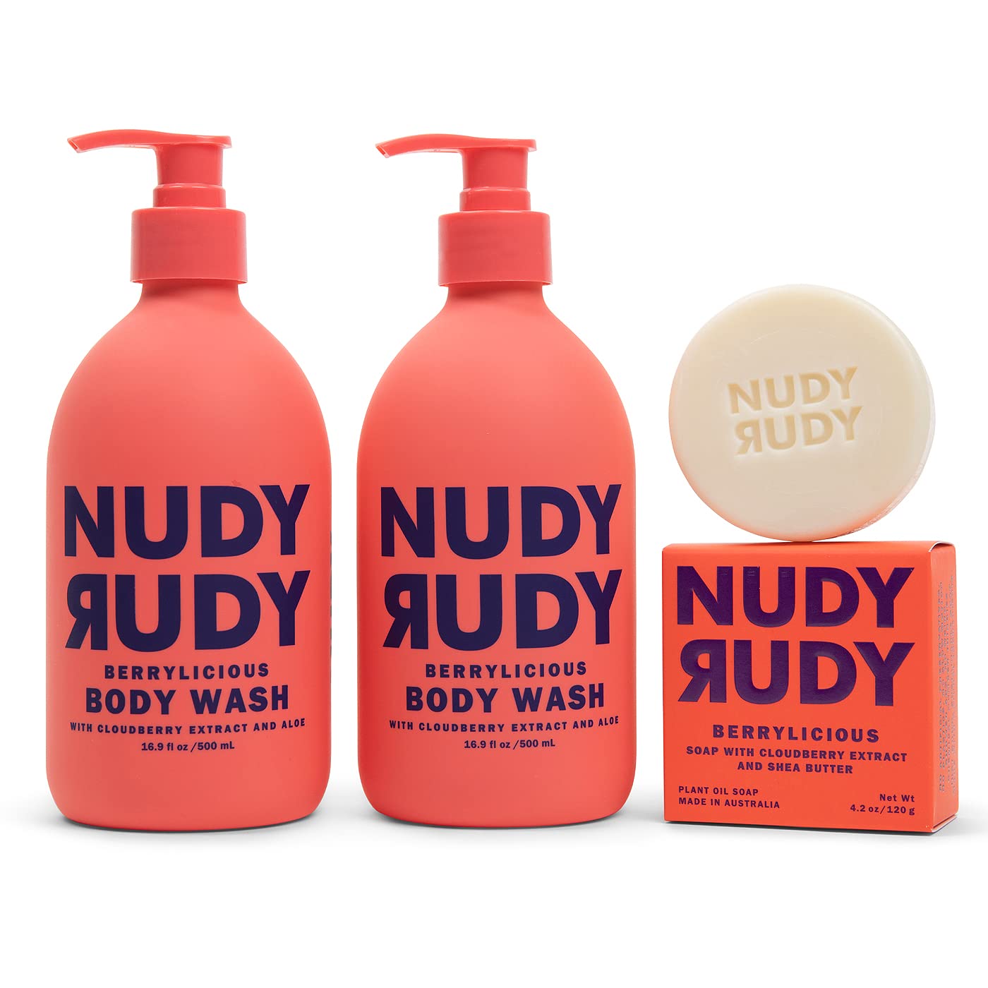 Nudy Rudy Berrylicious 2 Pack, Liquid Body Wash Bundle with Bonus Soap Bar, Aloe Vera and Vitamin E, Moisturizing Shower Gel, Body Wash and Bar Soap Beauty & Personal Care Nudy Rudy