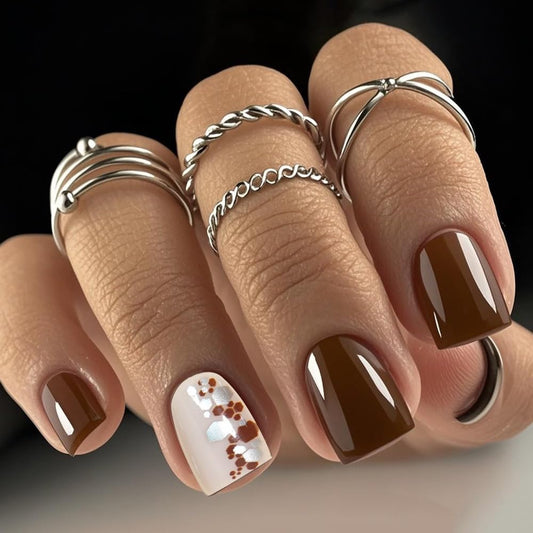 CTTHNBD Square Press on Nails Short - Brown Fake Nails with Silver Sequins Design - Glossy Full Cover Stick on False Nails for Women - 24 Pcs Beauty and Personal Care CTTHNBD Default Title