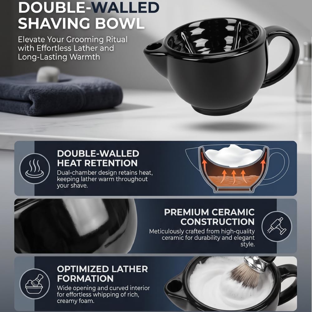 GOWENIC Shaving Soap Bowl for Men, Lather Mug Cup for Wet Shaving Beard Care, Double Layer Shave Cream Dish for Straight or Barber Vane/Wing, Men Beauty and Personal Care GOWENIC
