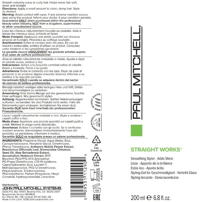 Paul Mitchell Straight Works Hair Gel, Smoothing Styler, Adds Shine, For Frizzy Hair, 6.8 fl. oz. Beauty & Personal Care Paul Mitchell