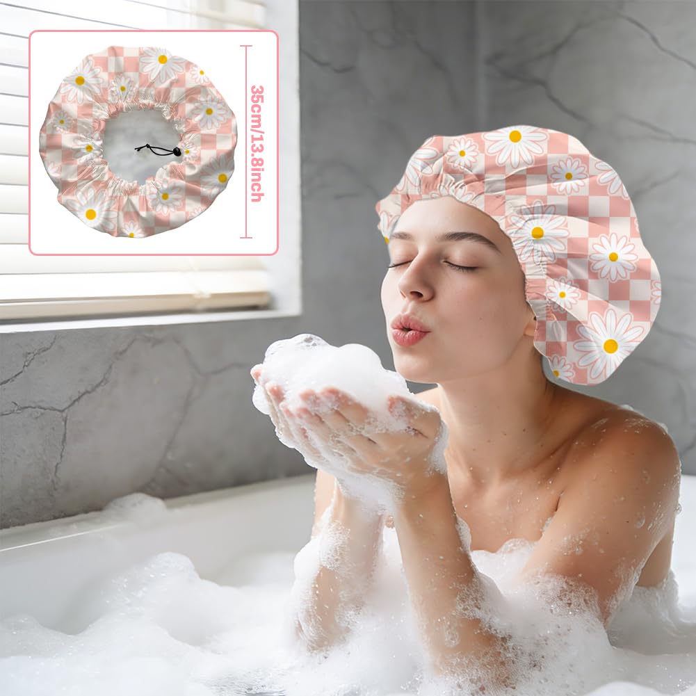 DELORIGIN Pink Daisy Reusable Shower Cap Buffalo Check Double Layer Waterproof Shower Caps Large Elastic Hair Cover Adjustable Hair - Drying Caps Beauty and Personal Care DELORIGIN