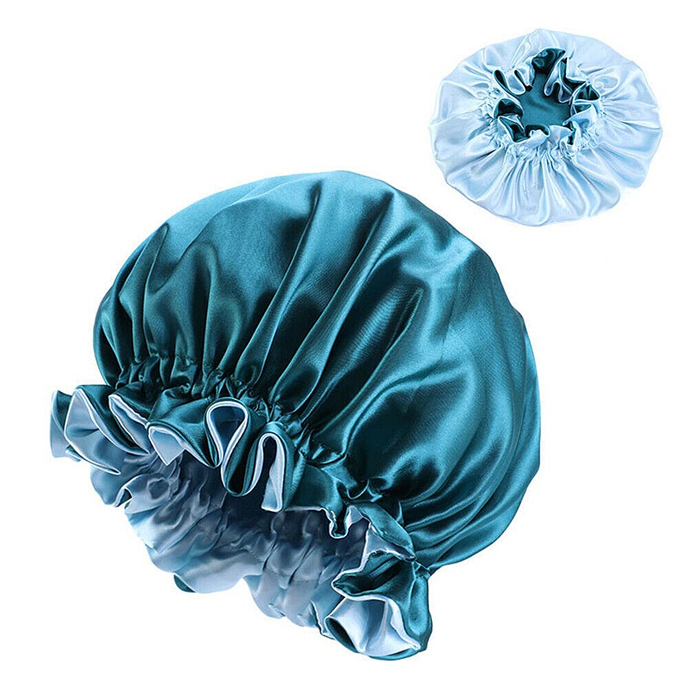 Magik Double-Sided Satin Night Sleep Cap Hair Bonnet Hat Head Cover w/Elastic Band (Teal Blue/Light Blue, 1 Pack) Beauty and Personal Care Magik