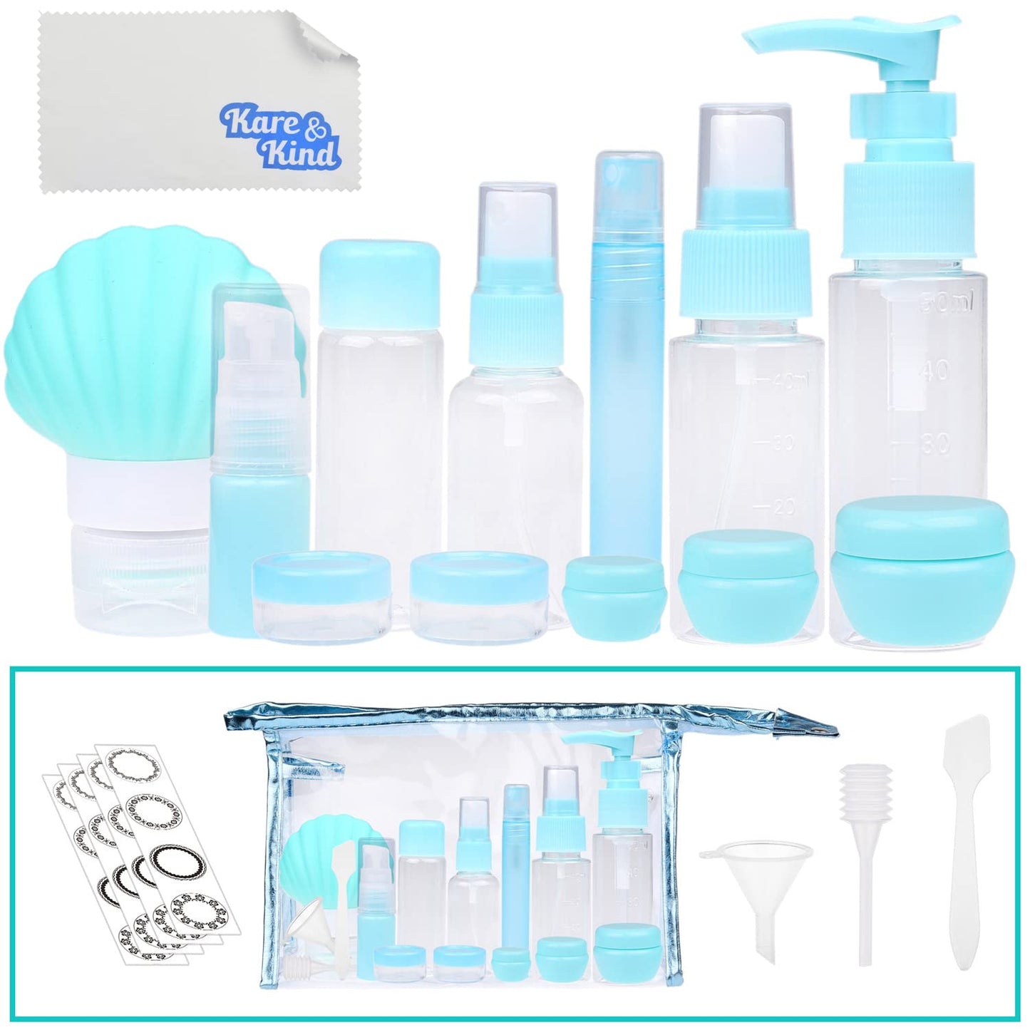 Travel Bottle Set - Refillable - TSA/Airline Approved - 12 Bottles and Jars - 3 Tools (Pipette, Funnel and Mini Spatula) - For Downsized Portions Beauty & Personal Care Kare & Kind