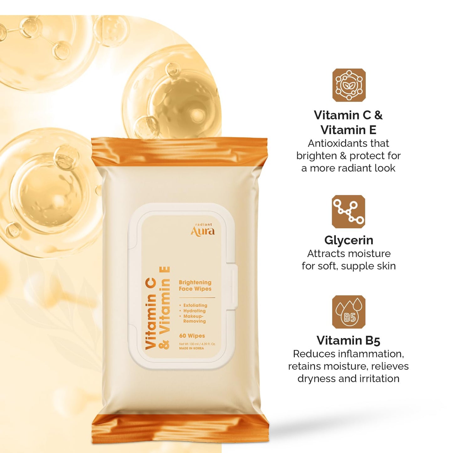 Radiant Aura Vitamin C & Vitamin E Face Wipes - Dermatologist Tested, Anti-Aging, Korean Skin Care - Removes Makeup, Hydrates, Softens The Look Beauty & Personal Care Radiant Aura