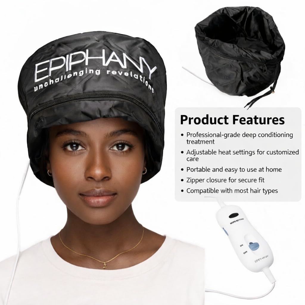 Epiphany Heat Cap for Deep Conditioning Hair Treatments - Electric Thermal Cap with 9 Heat Settings, Removable Washable Liner, Adjustable Fit, Long