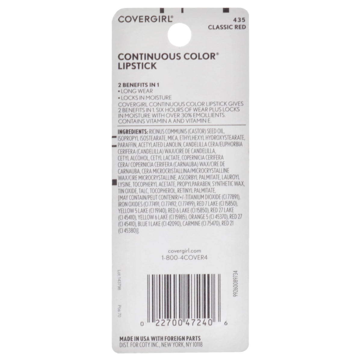COVERGIRL Continuous Color Lipstick Classic Red 435, .13 oz (packaging may vary) Beauty & Personal Care COVERGIRL