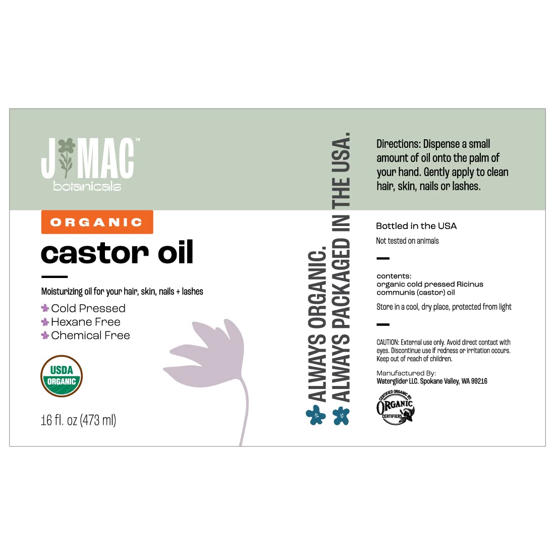 J MAC BOTANICALS, Organic Castor Oil Cold Pressed (Glass Bottle, 16 oz) pure unrefined, hexane free for face, skin, eyelashes, pack wraps, pads Beauty & Personal Care J MAC BOTANICALS