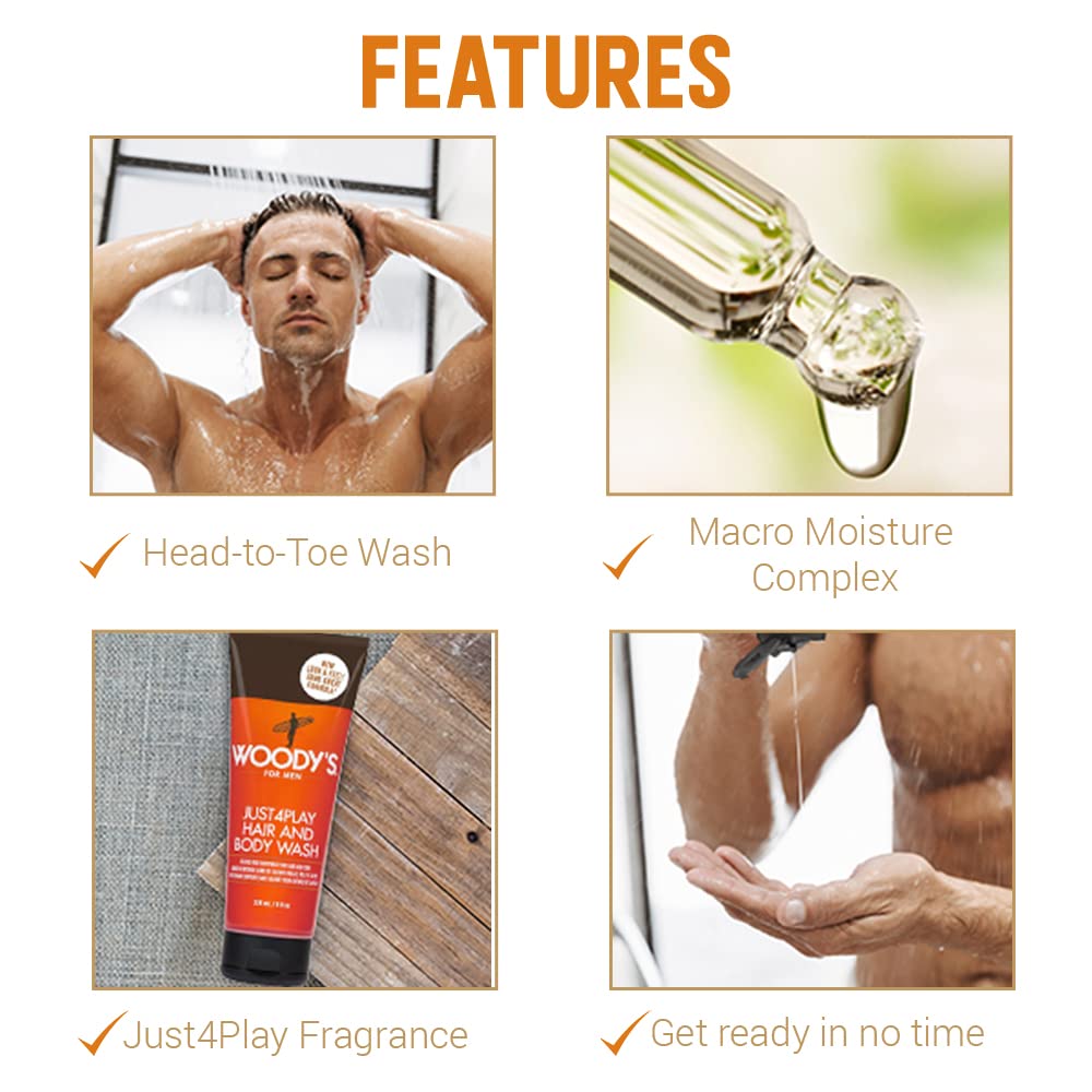 Woody's Just4Play Hair and Body Wash for Men - Sulfate-Free, Deep Cleansing, Hydrating, Fresh Scent, All-in-One Shower Gel, 8 fl oz Beauty & Personal Care Woody's