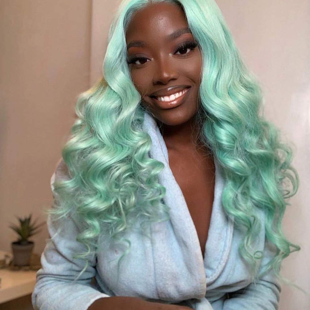 Kalisa Mint Green Lace Front Wig Long Wavy Blue Green Side Part Natural Hairline Wig Synthetic Curly Pre Plucked Wig Heat Resistant Glueless Wigs for
