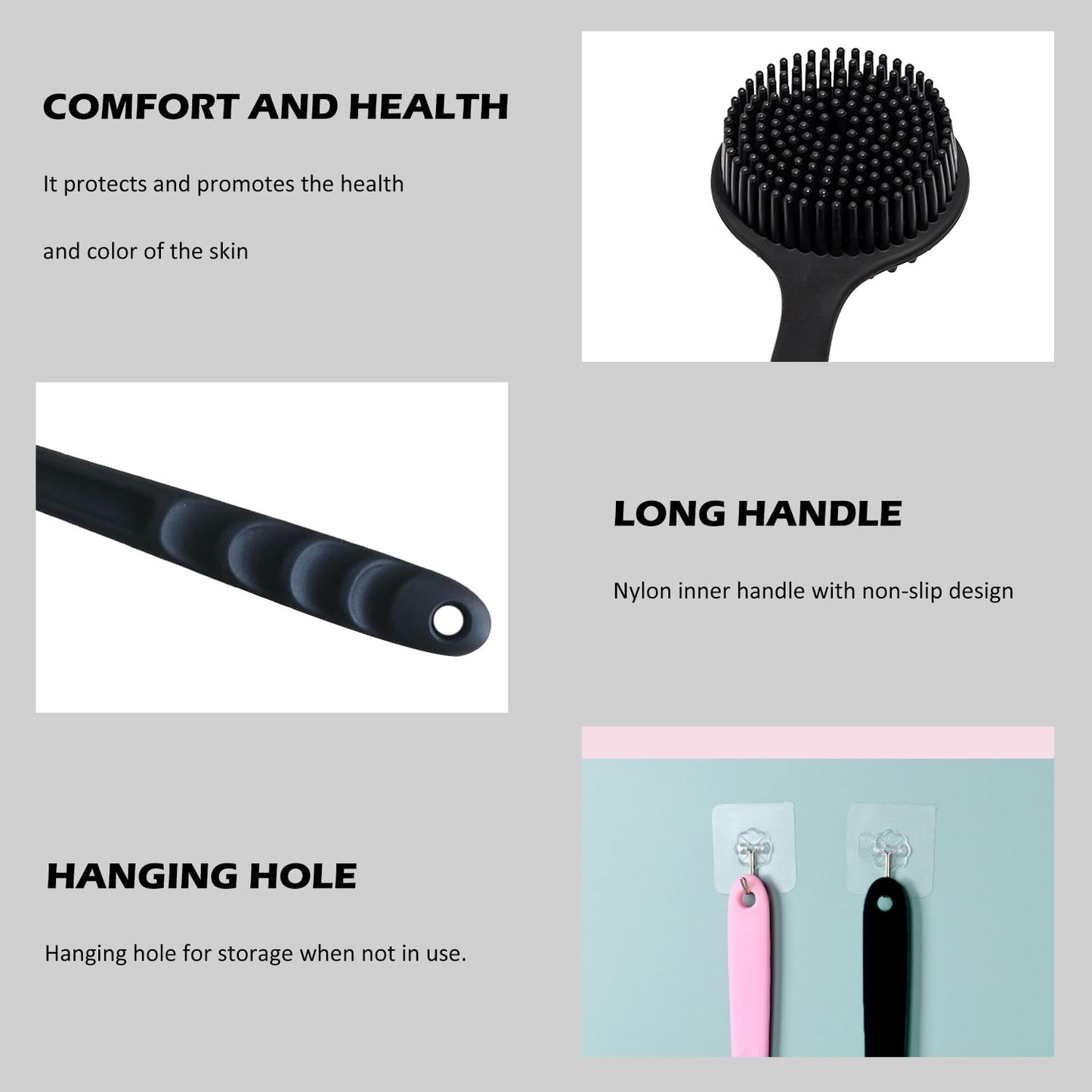 WALWAL Soft Silicone Back Scrubber for Shower, Long Handle Double-Sided Exfoliating Massage Bath Body Brush (Black) Beauty and Personal Care WALWAL