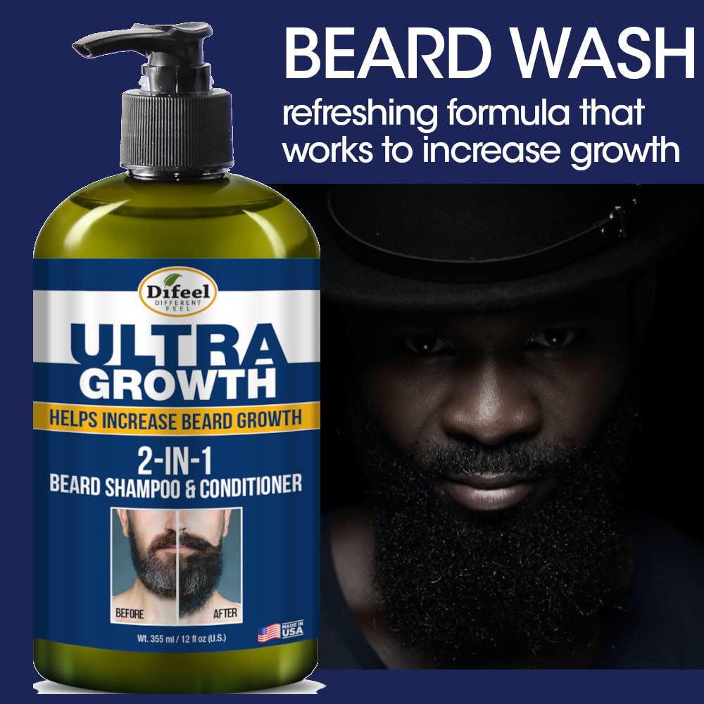 Difeel Men's Ultra Growth Beard Care 3-PC Gift Set for Men - Includes 2-in-1 Beard Shampoo & Conditioner 12oz, Beard Growth Oil 8oz, and Bonus Travel Beauty and Personal Care Difeel