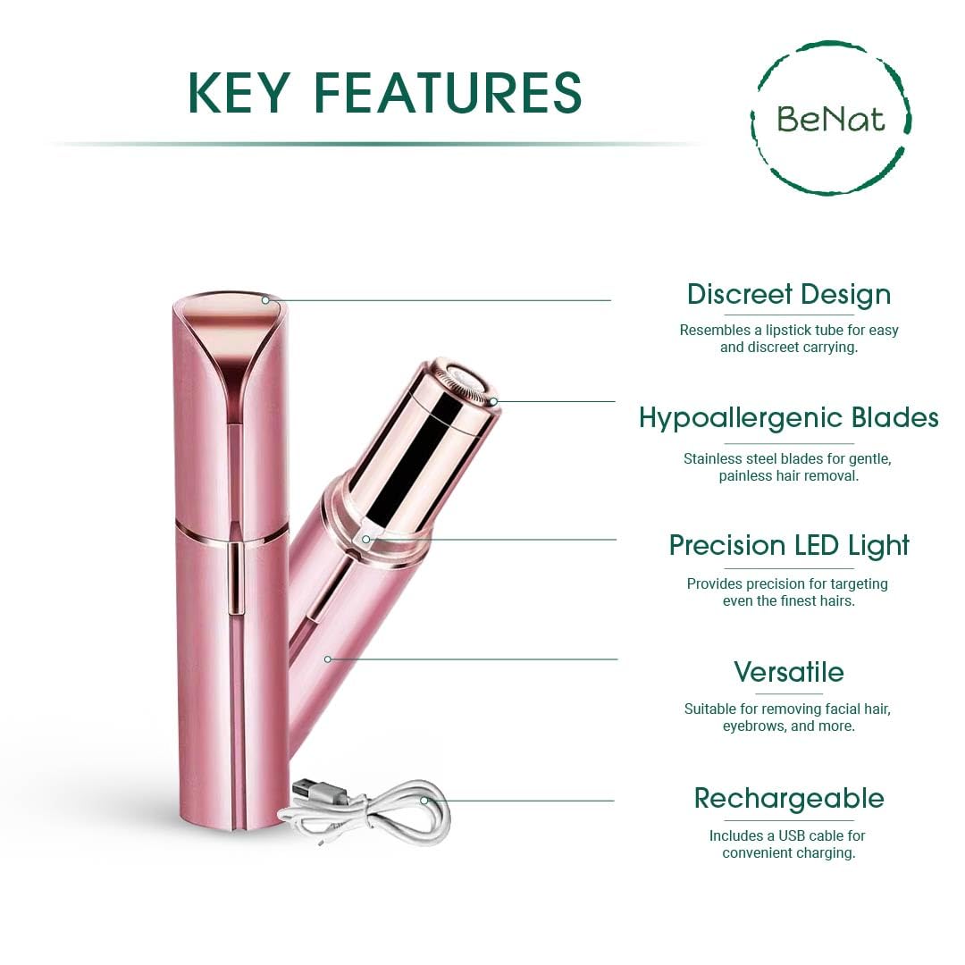 BeNat Facial and Eyebrow Hair Remover Set. 2-Pcs. Rechargeable, Portable, Versatile Facial and Eyebrow Trimmer for Women Beauty and Personal Care BeNat