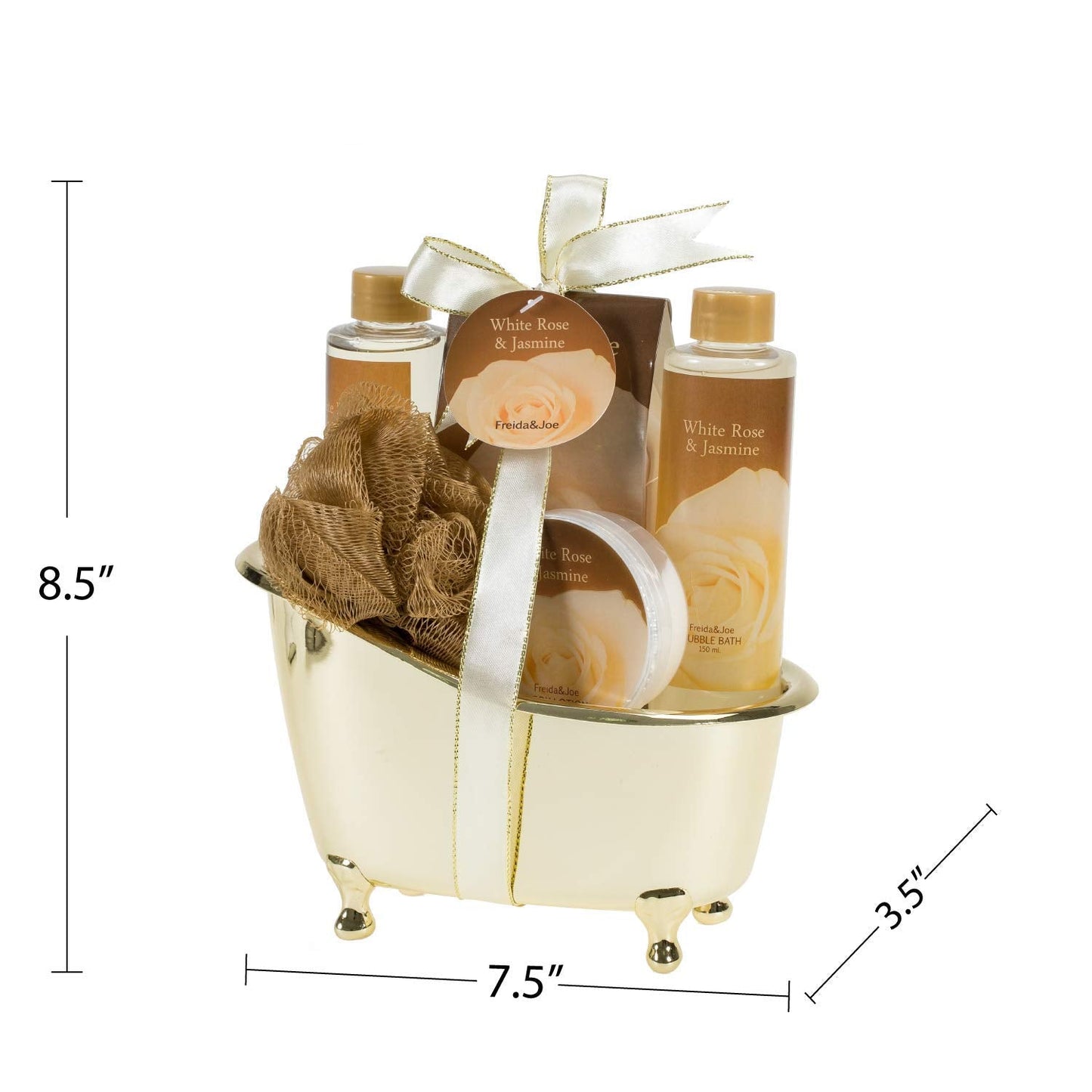 White Rose Jasmine Spa Set For Women in Elegant Gold Tub Includes Shower Gel, Bubble Bath, Body Lotion, Jasmine Bath Salt, Pouf, Award Winning Bath Beauty & Personal Care Freida and Joe