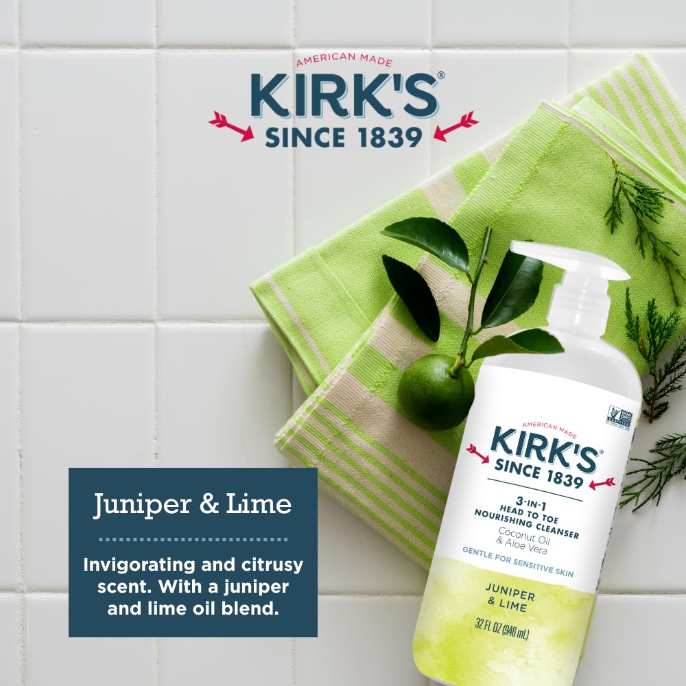 Kirk's Juniper & Lime 3-in-1 Nourishing Cleanser, Shampoo Body Wash Bubble Bath, Coconut Oil and Aloe Vera, Vegan Non-GMO, 32 Fl Oz, Pack of 2 Beauty & Personal Care Kirk's