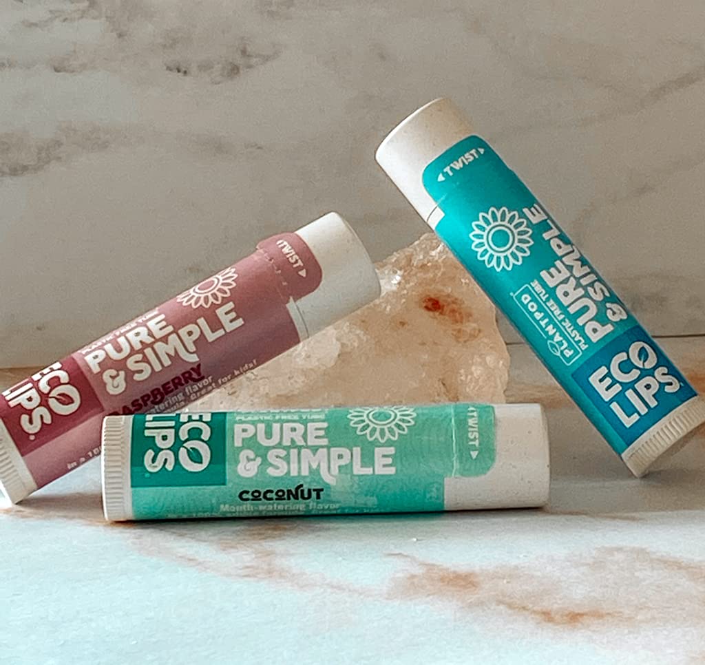 Eco Lips - Pure & Simple Raspberry, Coconut and Vanilla Organic Lip Balm 9-Pack (0.15 oz.) - 100% Natural. 100% Plastic-Free Plant Pod Packaging. Made Beauty & Personal Care Eco Lips