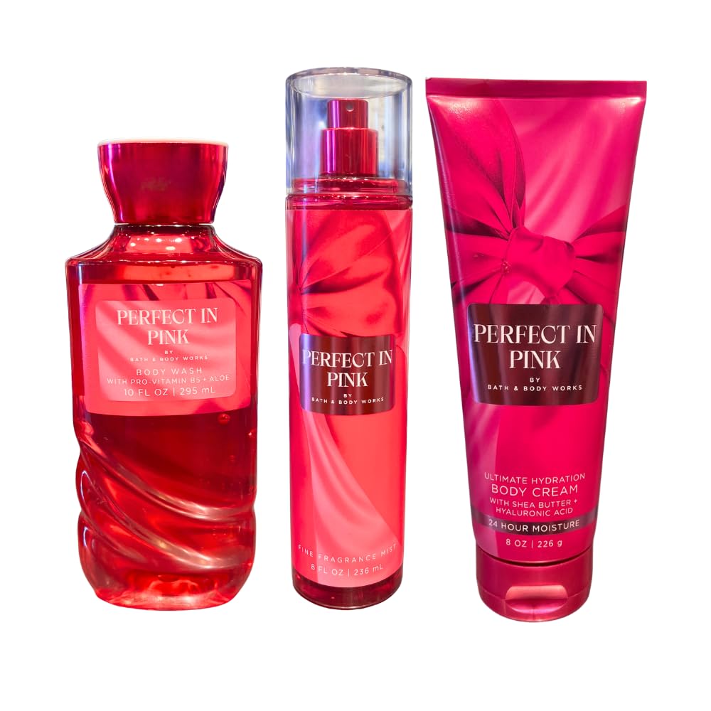 Bath & Body Works PERFECT IN PINK Body Wash, Fine Fragrance Mist & Ultimate Hydration Body Cream 3-piece Gift Set with a Blue Bow for Holidays - Full Beauty and Personal Care Bath & Body Works