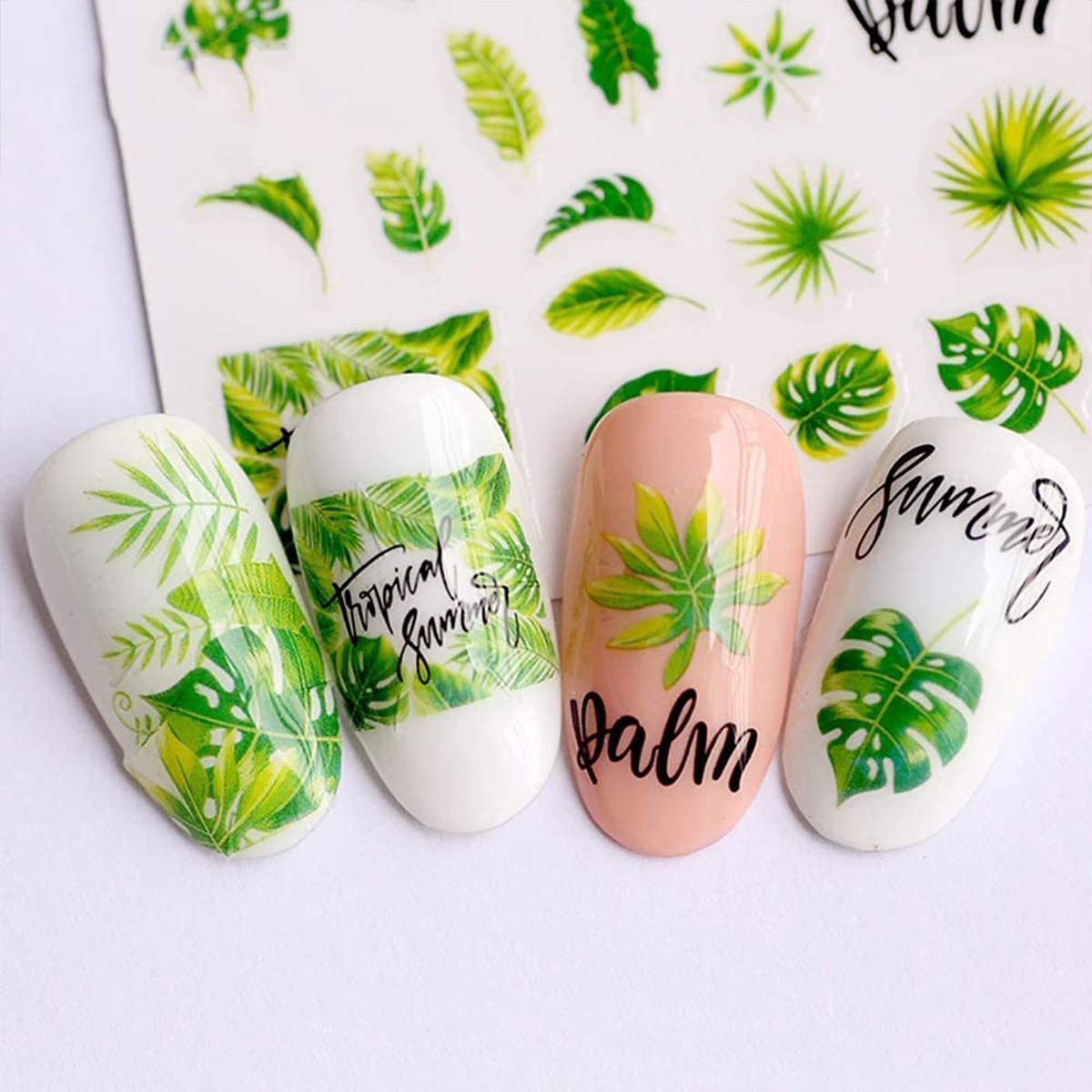 12 Sheets Summer Leaf Nail Art Stickers 3D Self-Adhesive Nail Decals Nail Art Supplies Palm Leaves Clover Nail Design for Women Manicure Nail Beauty & Personal Care ONEUPIN