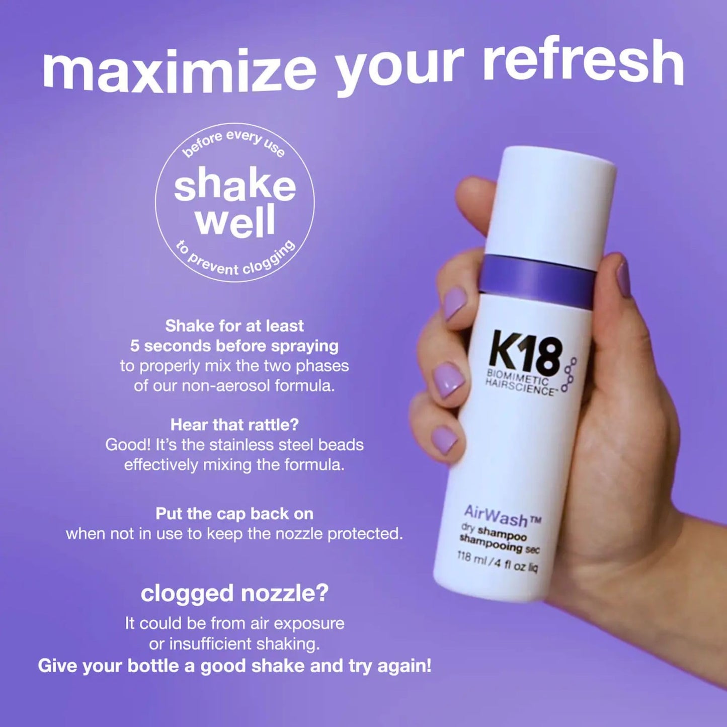 K18 AirWash Travel Non Aerosol Dry Shampoo Spray - Odor Eliminating Dry Shampoo for Women with No White Cast - Fresh Hair + Scalp for 3 Days - Absorbs Beauty and Personal Care K18