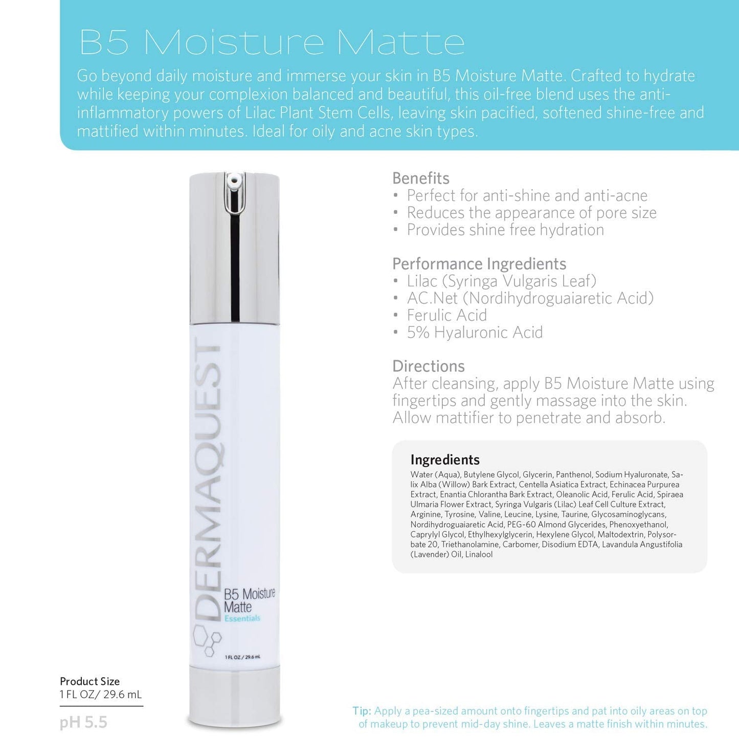 DermaQuest Essential B5 Moisture Matte - Face Moisturizer for Oily & Acne Prone Skin - 5% Hyaluronic Acid Women & Mens Moisturizer - Reduces Oil Beauty & Personal Care DermaQuest