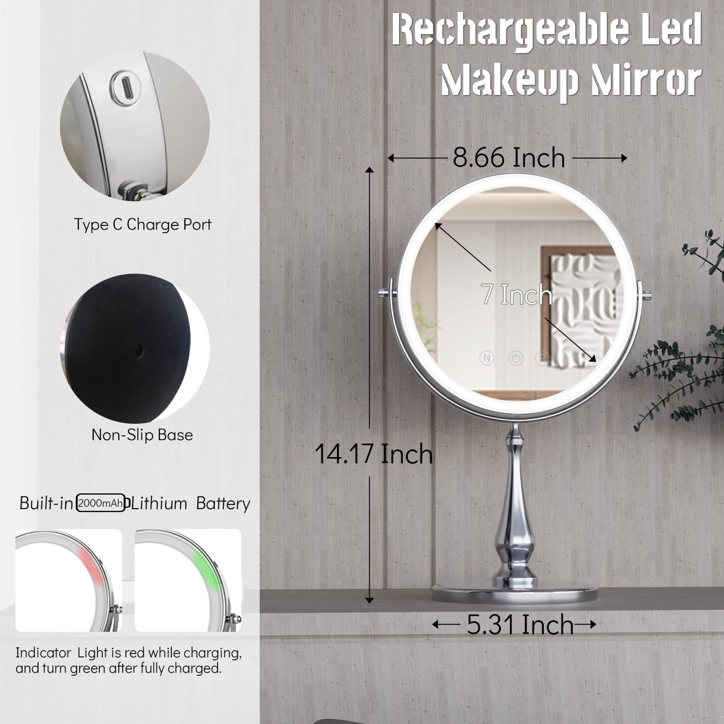 WIZCHARK 9" Large Lighted Makeup Mirror, 1X/10X Magnifying Vanity Mirror with 3 Colors Dimmable Lightning, 80 LED Lights, 360°Rotation Double Sided Beauty & Personal Care WIZCHARK