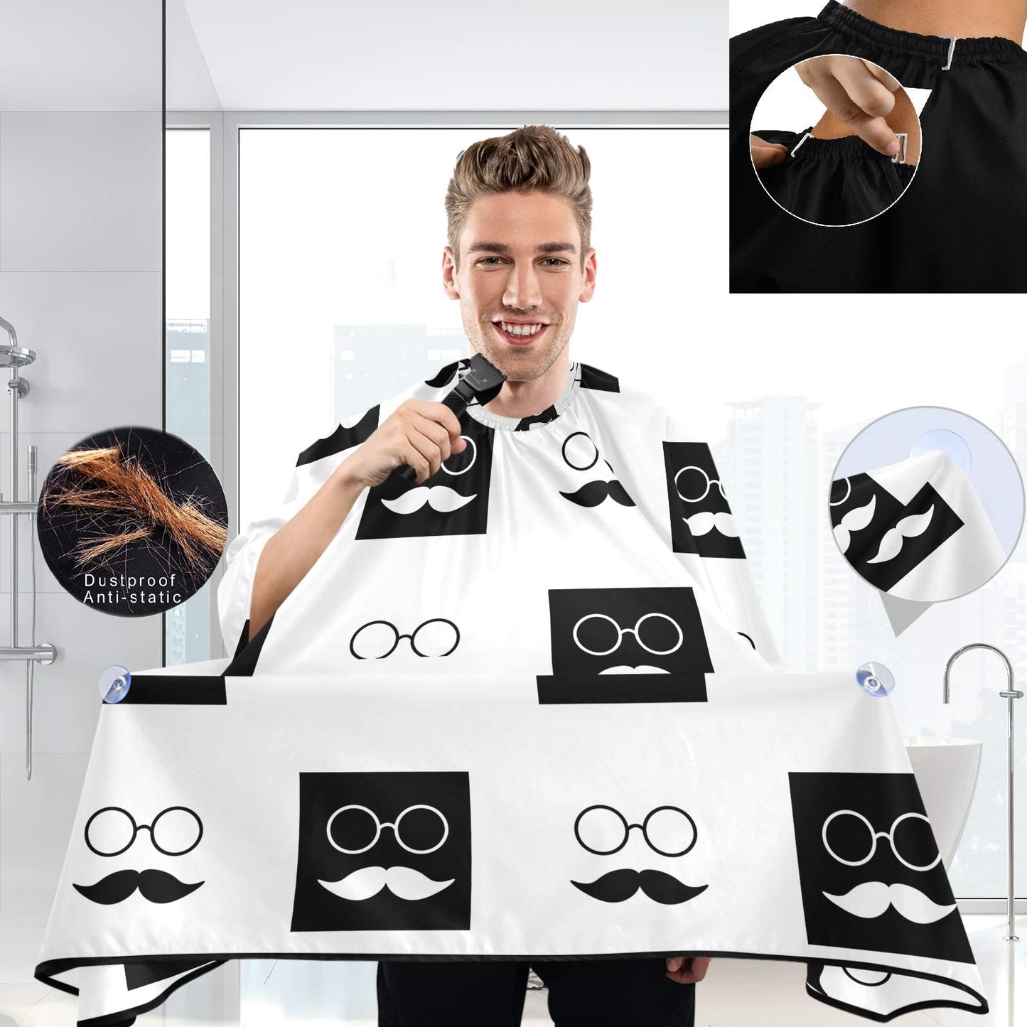 visesunny Mustache Glasses White Black Grid Barber Cape Anti-Static Hair Cutting Cape with Snap Closure Professional Salon Polyester Beard Shaving Bib Beauty and Personal Care visesunny