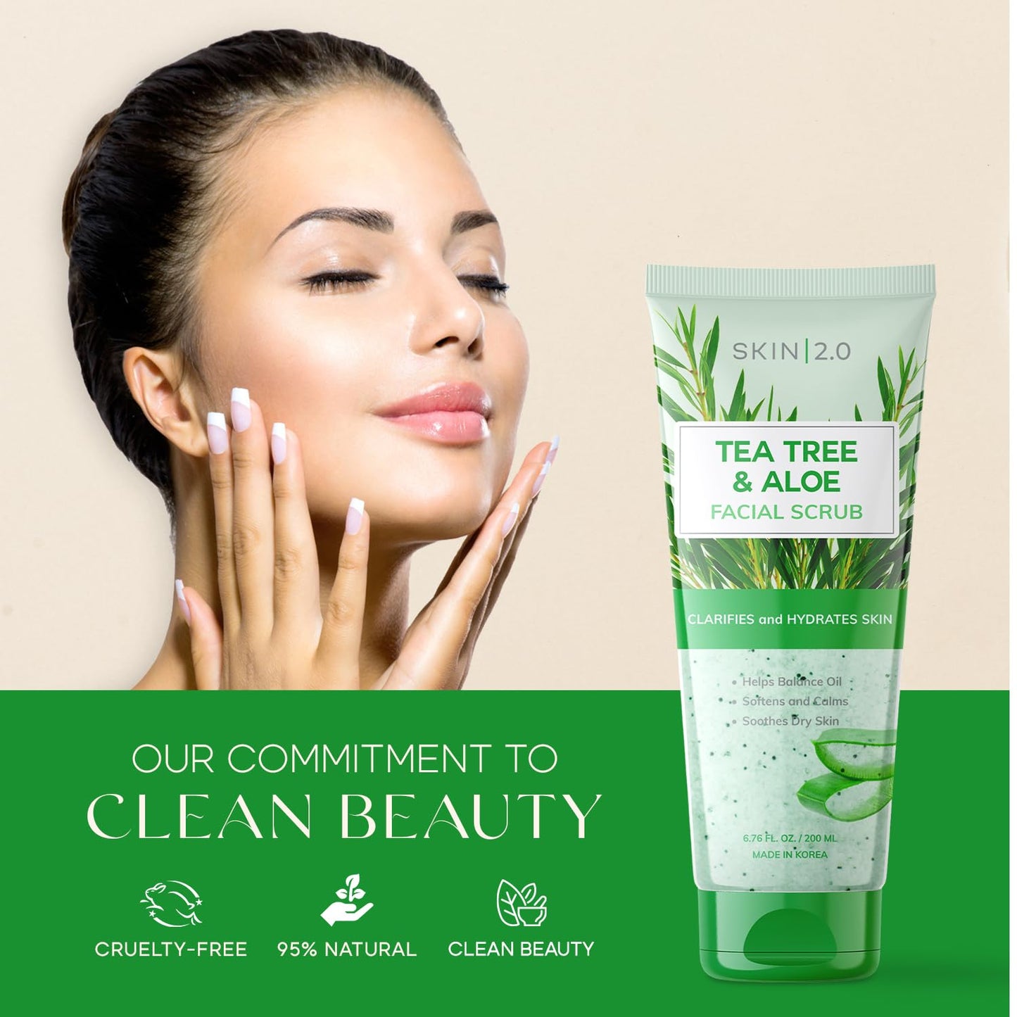 Skin 2.0 Tea Tree & Aloe Gentle Exfoliating Scrub - Dermatologist Tested, Multi-Tasking Cleanser, Clears Skin - Anti-Aging, Clean Beauty, Cruelty-Free Beauty & Personal Care Skin 2.0