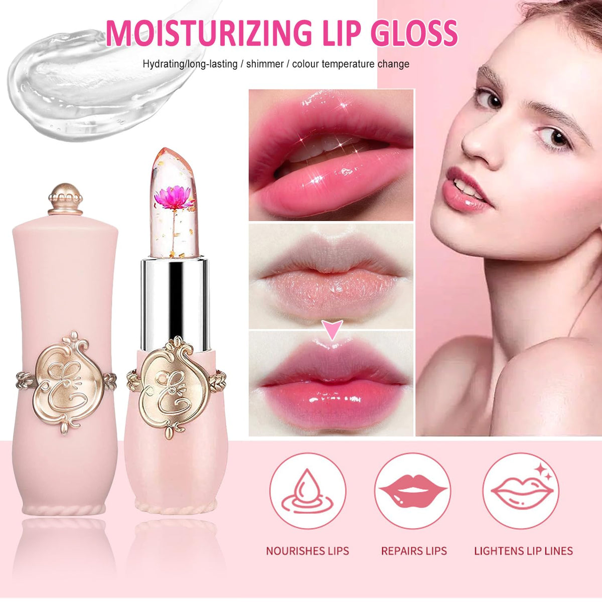 firstfly Pack of 6 Crystal Flower Jelly Lipstick, Long Lasting Nutritious Lip Balm Lips Moisturizer Magic Temperature Color Change Lip Gloss (Pink) Beauty & Personal Care firstfly
