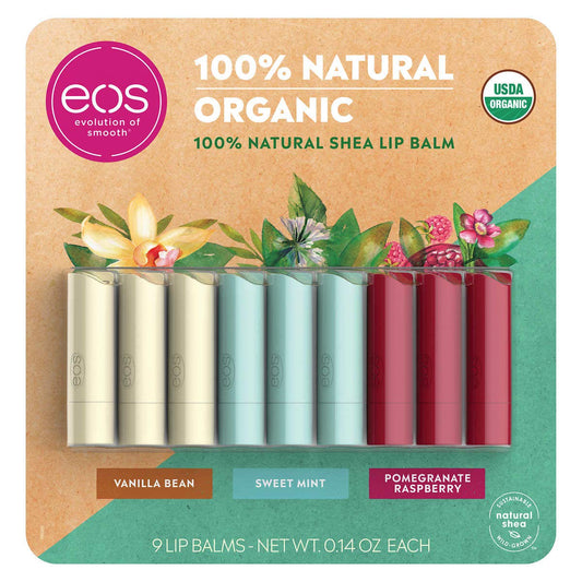 EOS Evolution of Smooth Organic Lip Balm Care Collection, 9 Pack - Vanilla Bean, Sweet Mint, Pomegranate Raspberry - Moisturizing Beauty & Personal Care eos