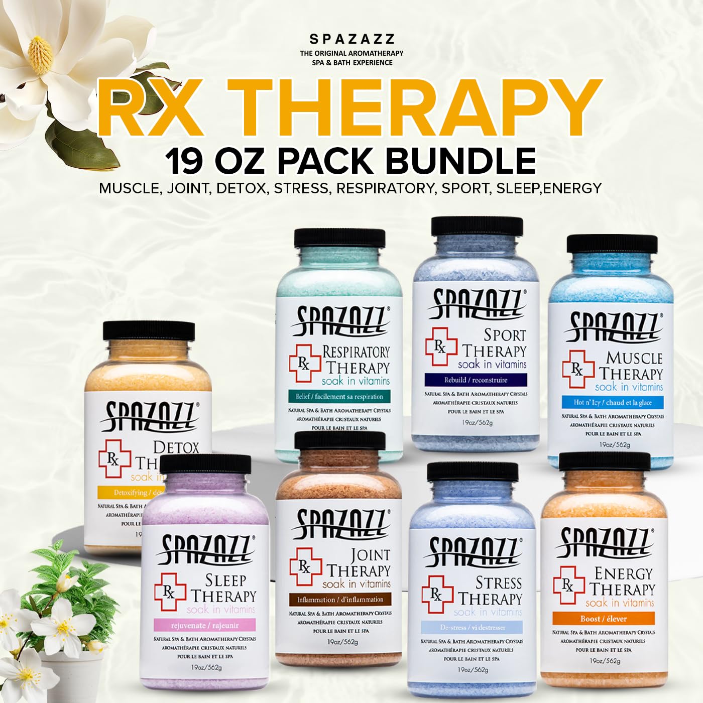 Spazazz RX Therapy Hot Tub Spa and Bath Aromatherapy Salt Crystals - 8 Pack Sample Bundle Includes Muscle - Joint - Detox - Stress - Respiratory Beauty and Personal Care Spazazz