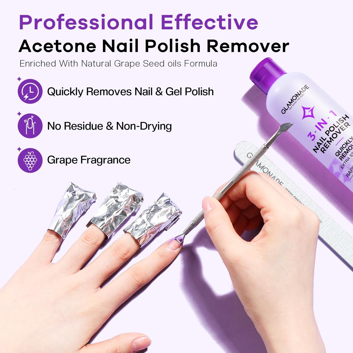 Glamonade Acetone Nail Polish Remover Kit: Soak off Gel Polish Remover Includes Nail Cuticle Oil, Nail Clips Set, Nail File, Cotton Pads, Nail Buffer Beauty and Personal Care Glamonade