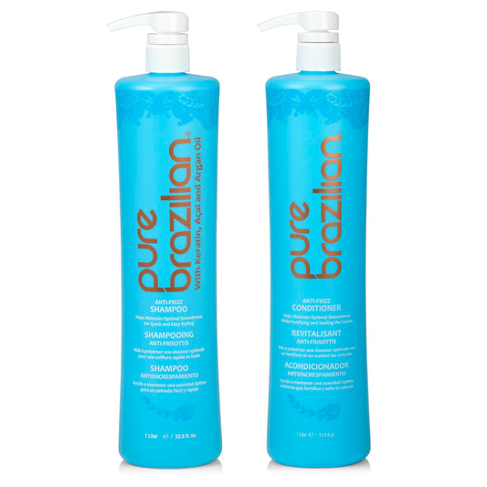 Pure Brazilian Anti-Frizz Daily Shampoo & Conditioner, Salt-Free & Color Safe, Enriched with Keratin, Argan Oil & Acai, 1 Liter (33.8 Fl Oz) Beauty & Personal Care Pure Brazilian