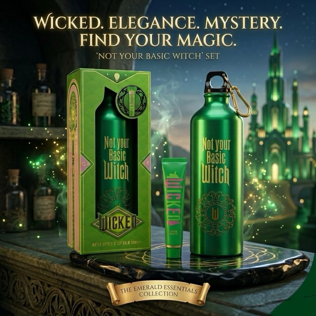 Wicked “Not Your Basic Witch” Gift Set - Green Metal 750ml Water Bottle with Carabiner Clip & Green Tea Lip Balm - Fun Witchy Accessories & Self-Care Beauty and Personal Care Corsair Toiletries