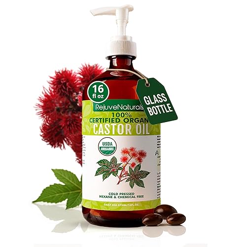 RejuveNaturals Castor Oil (16oz Glass Bottle) USDA Certified Organic, 100% Pure, Cold Pressed, Hexane Free. Boost Hair Growth for Thicker, Fuller Beauty & Personal Care RejuveNaturals